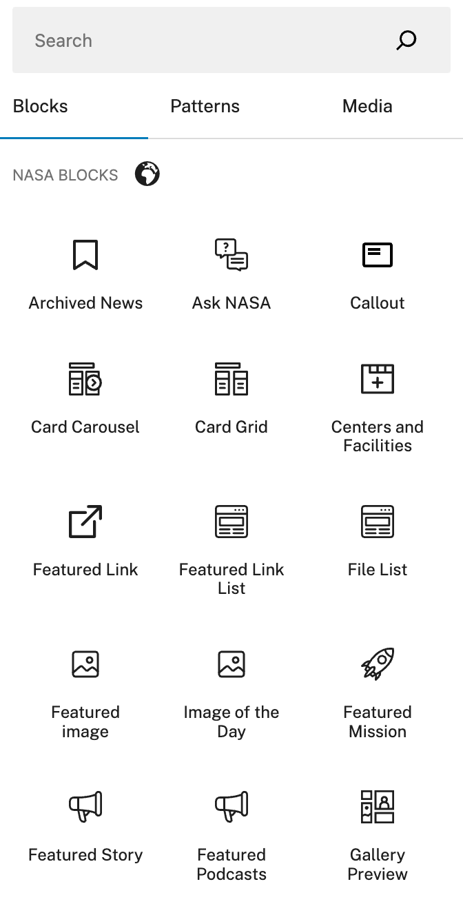 Image of block selector from NASA's WordPress CMS implementation